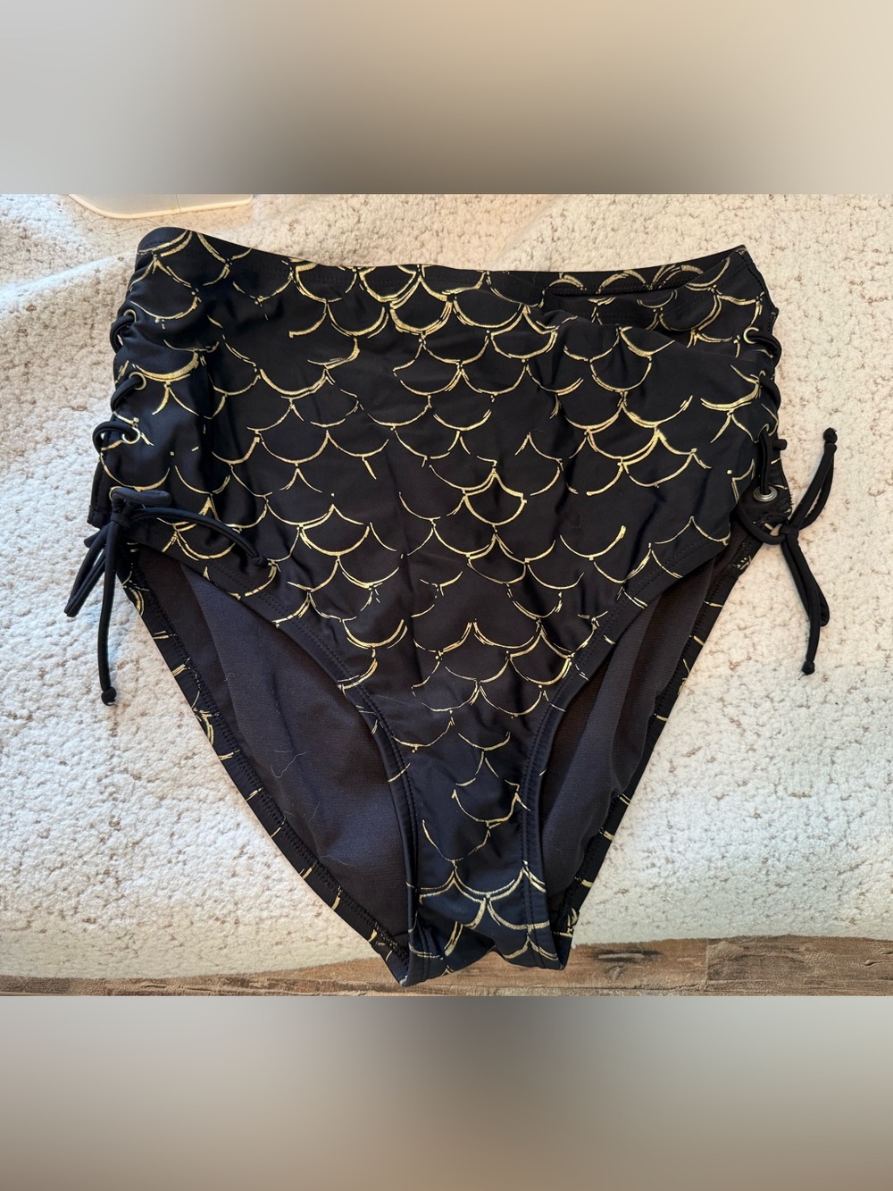 High Waist Black Bikini Bottom with Gold Scale Print